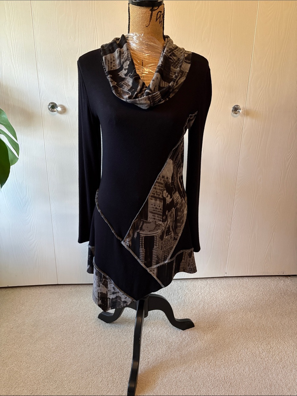 Joseph Ribkoff Black and Gray Asymmetric Cowl Neck Women's Dress